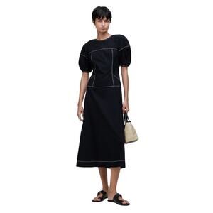 Madewell Women's Puff-Sleeve Drop-Waist Midi Dress Black 6